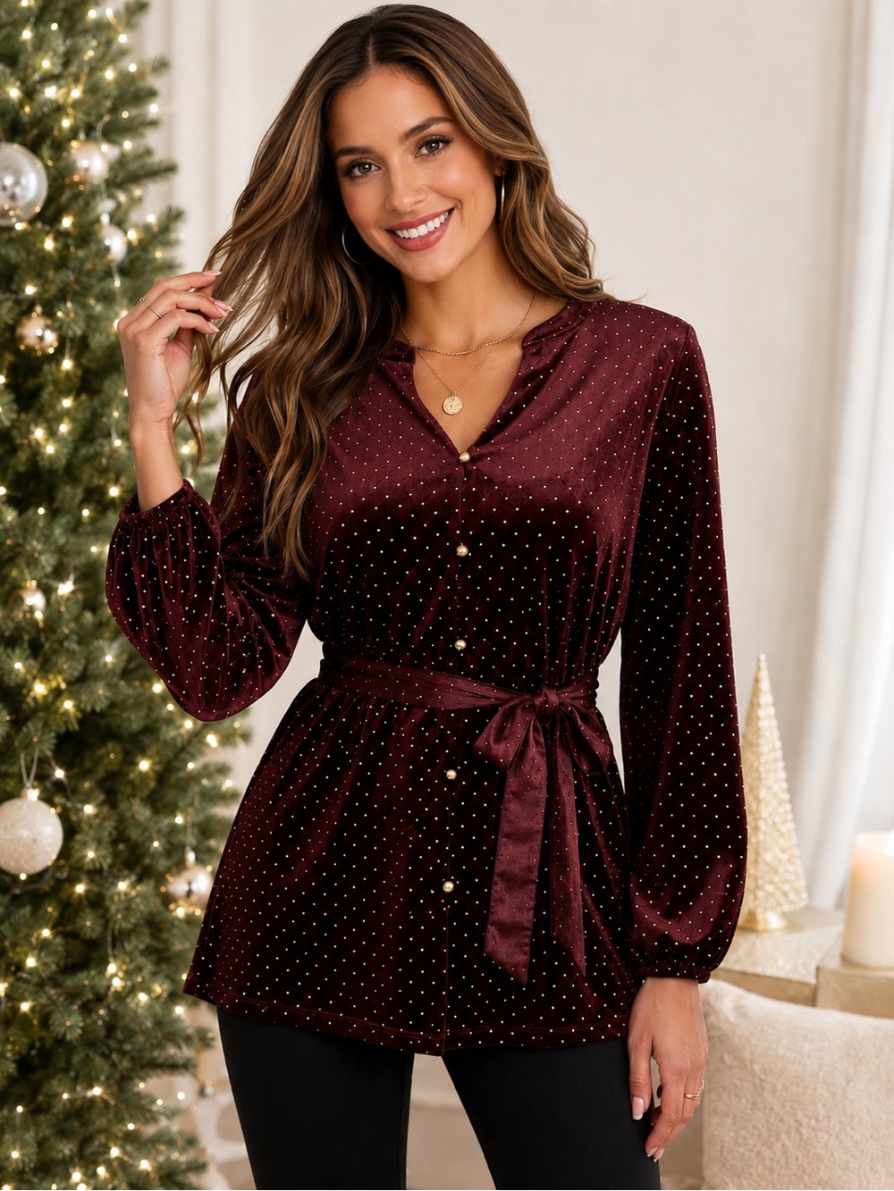 Colleen Lopez Velvet Dewdrop Tunic Blouse – Burgundy Gold Dot Tie Waist - A8